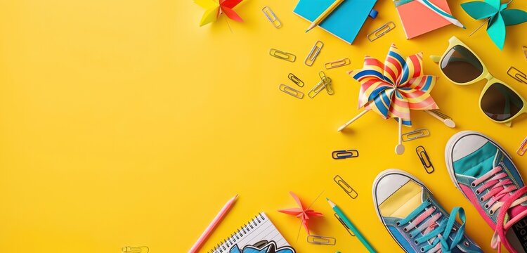 Colorful flat lay design with school items on yellow, space for text, high resolution.