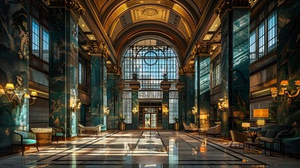 Fototapeta premium A luxurious hotel lobby showcasing elegant architecture, intricate decorations, and abundant natural light, creating a welcoming ambiance. 