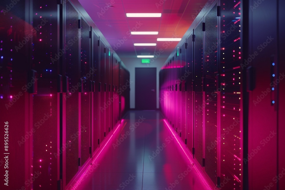 Poster futuristic data center with advanced ai servers and natural lighting, dynamic composition, and reali