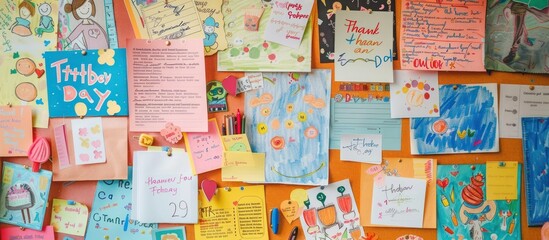 A colorful bulletin board filled with thank-you notes drawings and handmade cards showcasing appreciation for teachers on Teacher Day