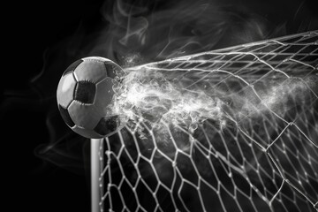 Dynamic black and white soccer ball hitting the net, conceptualizing power of sports competition. Perfect for sports promotions, blogs, and digital content. Generative AI.