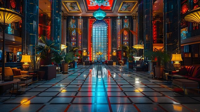 A luxurious hotel lobby with elegant lighting, intricate decor, and vibrant colors, creating an inviting atmosphere. 