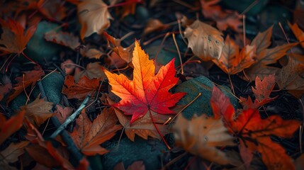 A close-up shot of a red and yellow maple leaf lying on the ground, surrounded by other fallen leaves in a forest during the autumn season 