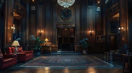 Obraz premium A luxurious, vintage interior of a grand lobby featuring elegant furnishings, rich wood paneling, and a beautiful chandelier, creating an ambiance of sophistication and opulence. 