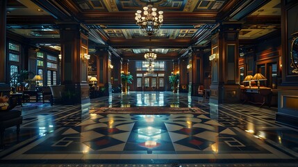 A luxurious hotel lobby featuring elegant chandeliers, polished floors, and sophisticated furnishings, creating a warm and inviting atmosphere.