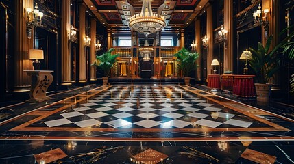 Obraz premium A luxurious, elegant lobby featuring intricate marble flooring, a stunning chandelier, and lush greenery, ideal for high-end hospitality or interior design themes. 