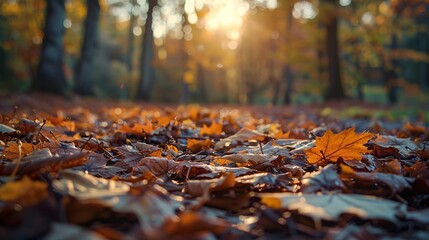 A natural landscape of the autumn season, with a forest floor covered in fallen leaves and the autumn sun filtering through the tree leaves - a seasonal background for autumn. 