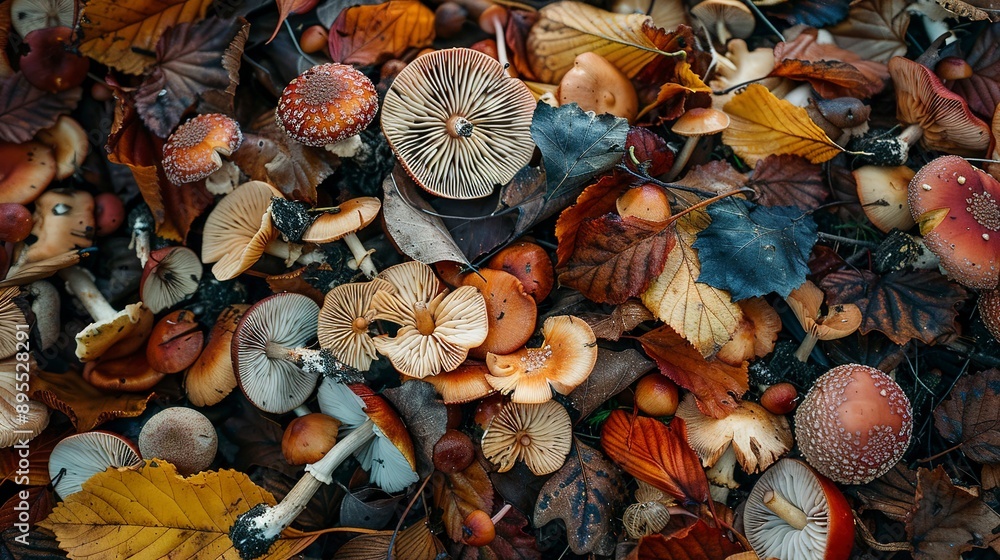 Poster a pile of autumn mushrooms with various shapes and colors sprawled across the forest floor creating 