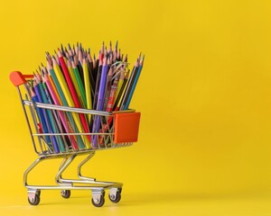 Colorful school essentials in a cart on yellow, designed for engaging back-to-school sales.