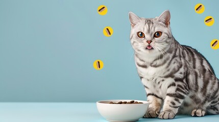 Adorable Silver Tabby Cat with Food Bowl Against Blue Background