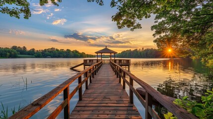 Wooden dock leading to a gazebo at sunset on a lake.