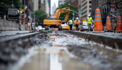 Close-up view of a street under construction with blurred background.