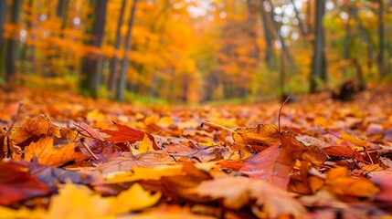 Landscape view of autumn leaves covering a forest floor 
