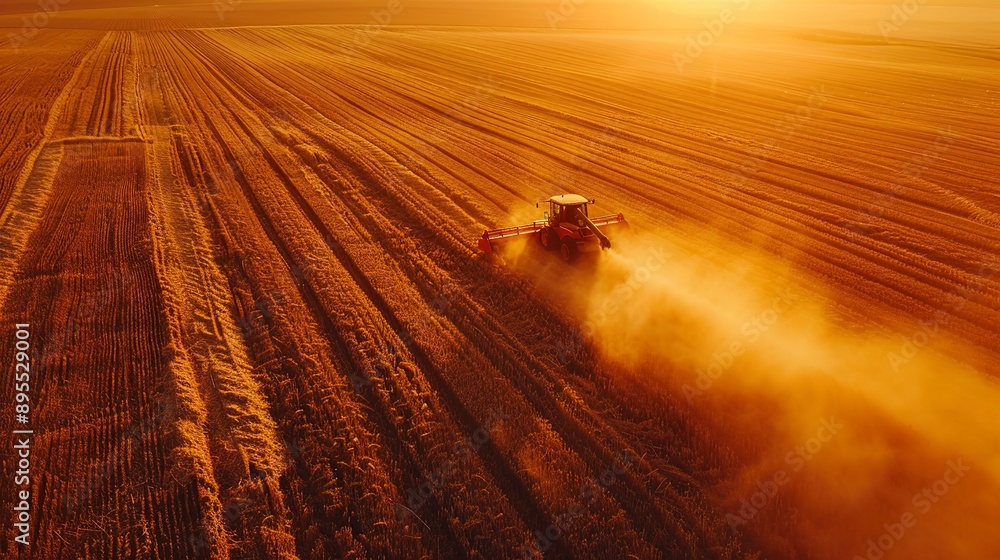 Sticker Aerial view of modern industrial combines harvesting wheat cereals on a summer evening. Grain harvesters in an endless wheat field. Soft evening light. 