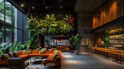 Fototapeta premium A modern and stylish hotel lobby area featuring vibrant greenery, comfortable seating, and a well-stocked bar, perfect for relaxation and social gatherings.