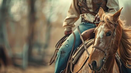 Obraz premium Macro image of a cowgirl riding a horse The picture is at the edge of the picture. Blurry background
