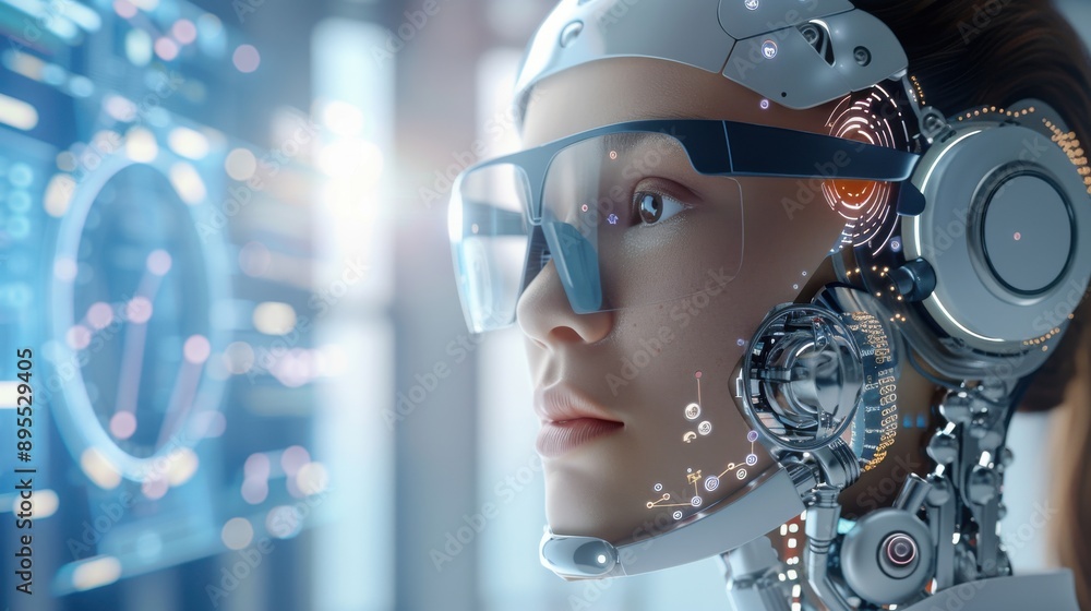 Poster female scientist using ai for data analysis and research, daily technological support in science, wo