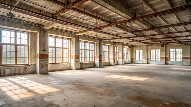 Empty Industrial Warehouse with Sunlight Streaming Through Windows.