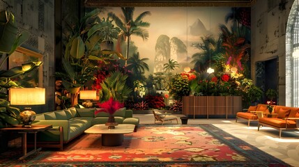 A beautifully designed indoor lounge featuring lush tropical plants, vibrant floral arrangements, and elegant furniture against a scenic mural backdrop. 
