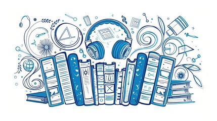 Creative and fun coloring pages designed with blue line art of educational symbols and abstract swirls.