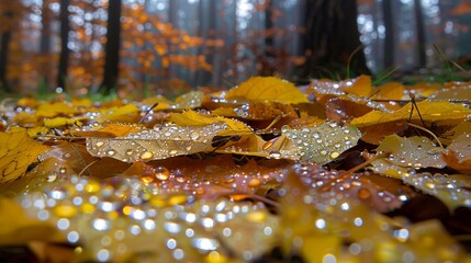 Fallen yellow leaves adorned with iridescent dew drops create a magical landscape of the forest floor.