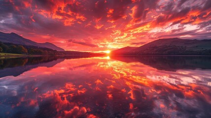 Obraz premium Dramatic Sunset Over Mountains Reflected in a Lake.