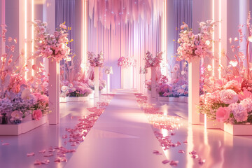Beautiful futuristic luxury elegant interior wedding hall decoration with flower flora and romantic lighting. Banquet decor in pink color. Empty room wedding interior