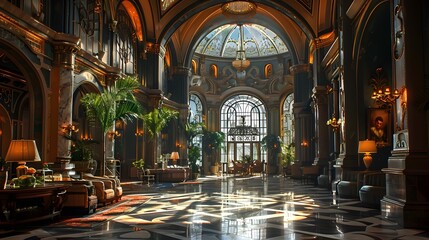 A luxurious and elegantly designed hotel lobby with ornate architecture, rich colors, and natural light illuminating the space. 