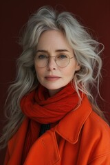Fototapeta premium Elegant older woman in glasses and red scarf with soft smile