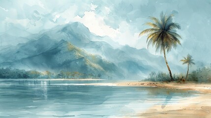 Serene tropical beach and mountain landscape - generative ai