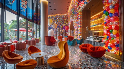 A vibrant and modern hotel lobby decorated with colorful balloons and stylish seating arrangements, creating an inviting atmosphere for guests. 