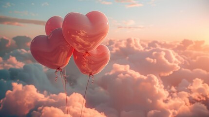 Fototapeta premium Heart balloons floating in the sky - generative ai