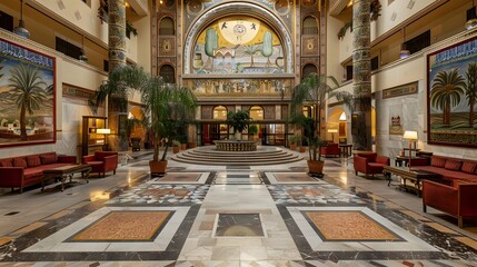 Obraz premium A beautifully designed hotel lobby featuring intricate decor, vibrant murals, and lush greenery, creating an inviting atmosphere for guests. 