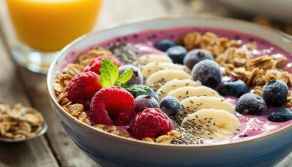 Delicious and healthy breakfast smoothie bowl with berries, banana, granola and chia seeds.