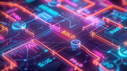 conceptual visualization of a budget as a network of glowing, neon tubes, each carrying different financial values and intersecting at key decision points