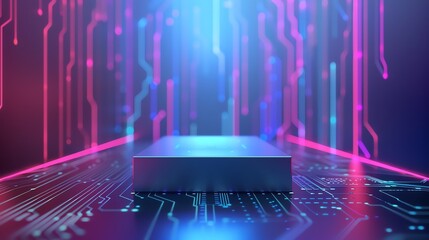 Futuristic microchip with glowing circuits and neon lights, representing advanced technology and innovation in the digital age.