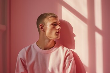 Obraz premium Man in pink sweater with minimalistic background and shadow