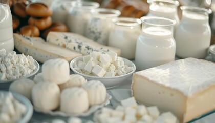Fototapeta premium Assortment of dairy products, including cheese, milk, and yogurt, arranged on a table.