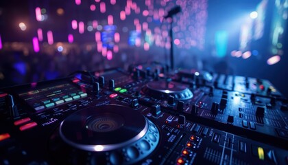 DJ mixer console in a nightclub with colorful lights in the background.