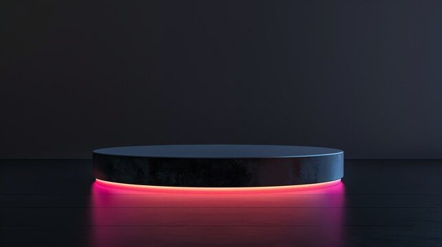 Minimalist black platform with vibrant pink underglow showcasing modern design against a dark backdrop, perfect for product display.