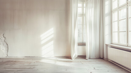 Fototapeta premium Large window in an empty room bathed with natural lighting in neutral colors. Luxury property interiors with copy space.