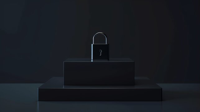 Minimalist photo of a black padlock on a dark pedestal, symbolizing security, protection, and privacy in a modern, sleek design.