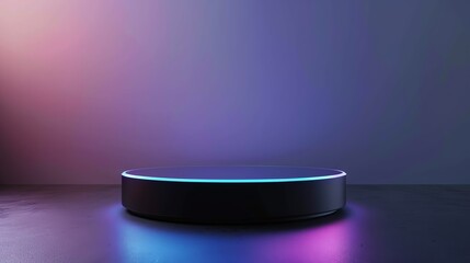 Minimalist smart speaker with vibrant neon lighting on a dark background, highlighting modern technology and innovative design.