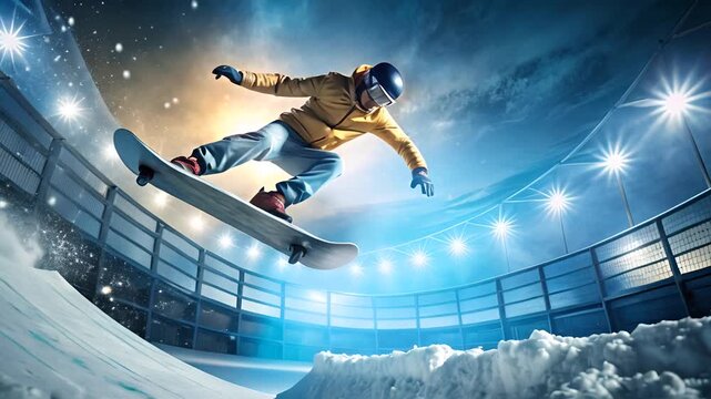 Snowboarder Jumping in Stadium.