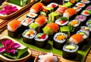 beautifully arranged artful sushi rolls artfully displayed bamboo mat decorative garnishes vibrant colors, arrangement, seafood, rice, nori, presentation