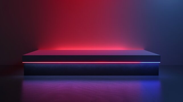 Minimalistic futuristic illuminated platform with red and blue neon lights, perfect for showcasing tech products or modern designs.