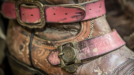 An antique boot with a pink leather belt and a brown metal buckle