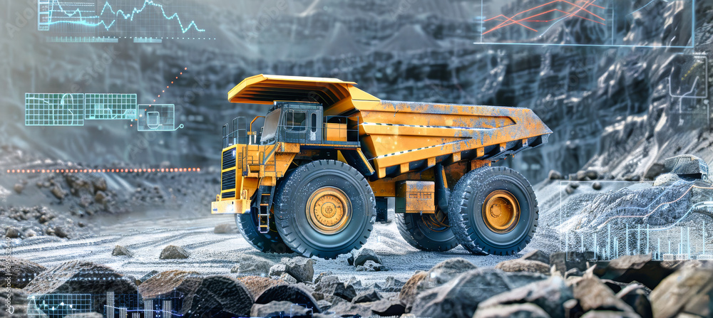 Poster a yellow dump truck operates in a rocky quarry, its movement overlaid with data visualization graphs