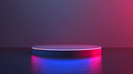 Modern illuminated circular podium with vibrant pink and blue lighting, ideal for product showcasing and futuristic design scenes.