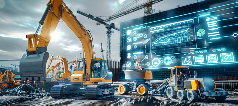 Construction equipment, including excavators and a bulldozer, operate on a construction site while digital displays provide real-time data and visualizations